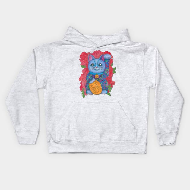 Lucky Cat Blue Kids Hoodie by JenStedman73